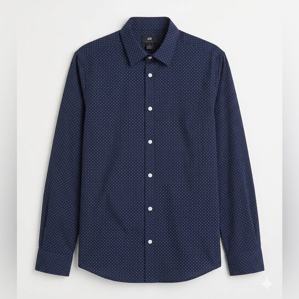 H&M Slim Fit Easy Iron Men’s Navy Microdot Button-Up Long Sleeve Shirt Size M